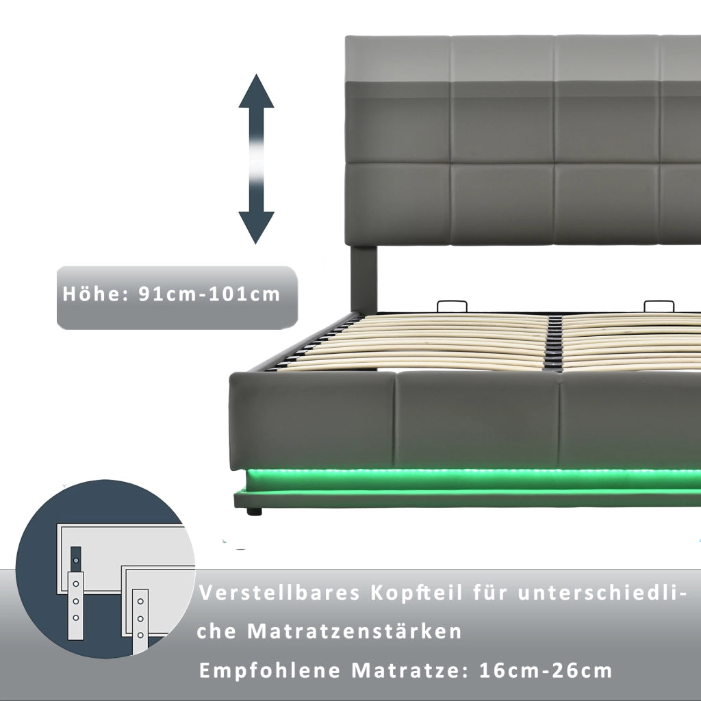 Letto Contenitore 160 x 200 cm; Letto Matrimoniale - LED e Testiera Regolabile - Grigio