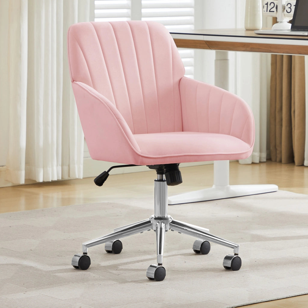 Sedia da ufficio girevole ergonomica con altezza regolabile seduta imbottita e ruote in velluto rosa per casa e studio