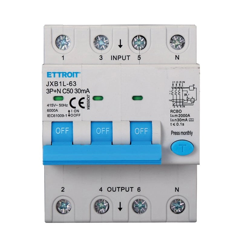 RCBO Interruttore Magnetotermico Differenziale Tipo A Curva C 3P+N 4M 6000A 30mA C50A AC 400V IP20 IEC61009-1
