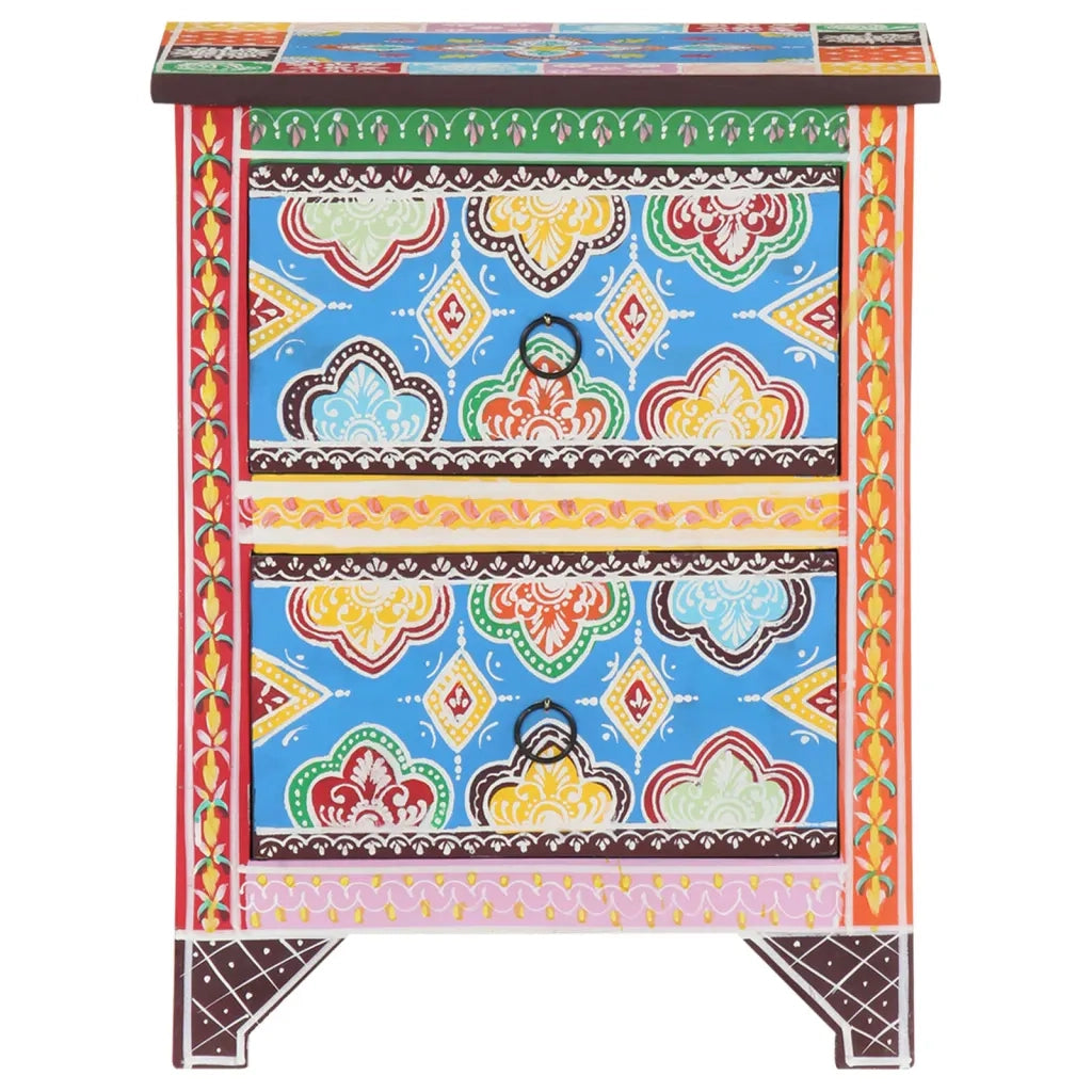 Comodino Dipinto a Mano-Tavolino da notte 40x30x50 cm in Legno Massello di Mango 447795