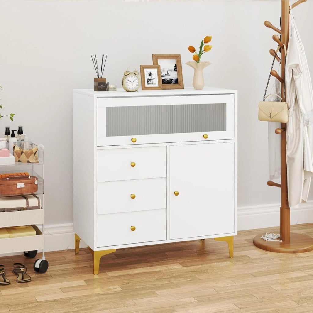Com¨° per camera da letto con design antiribaltamento, Mobile moderno con porta in vetro a ribalta e cassetti estraibili Bianco-Cassettiere