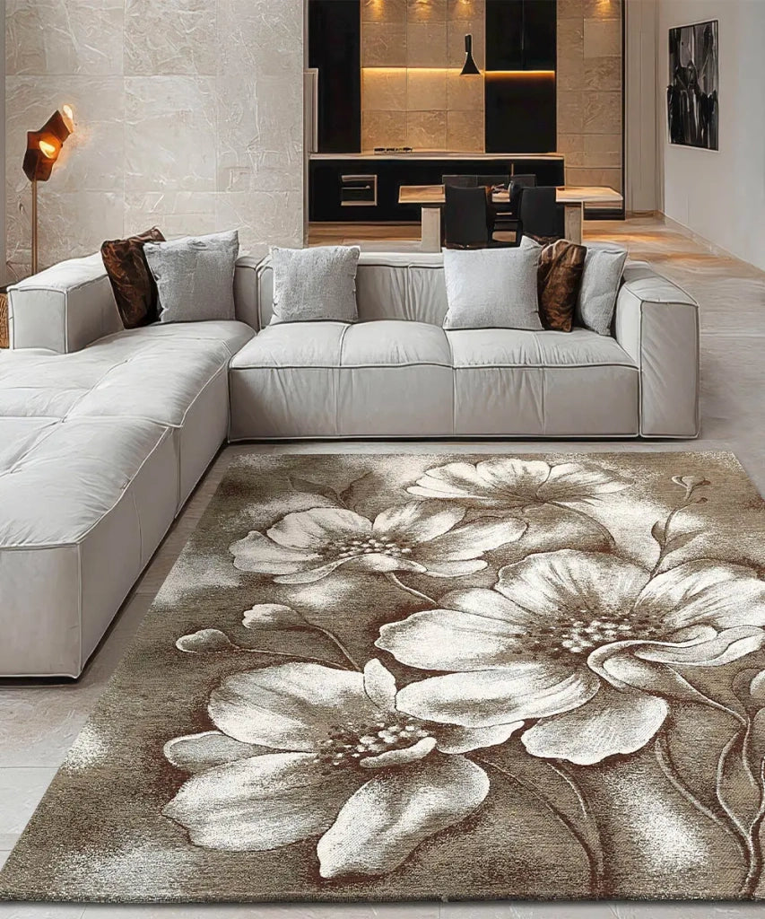 Tappeto Arredo ASTURIA MARRONE FANGO salotto soggiorno camera, disegno floreale moderno grandi fiori, multiuso lavabile antiscivolo cm.140x200