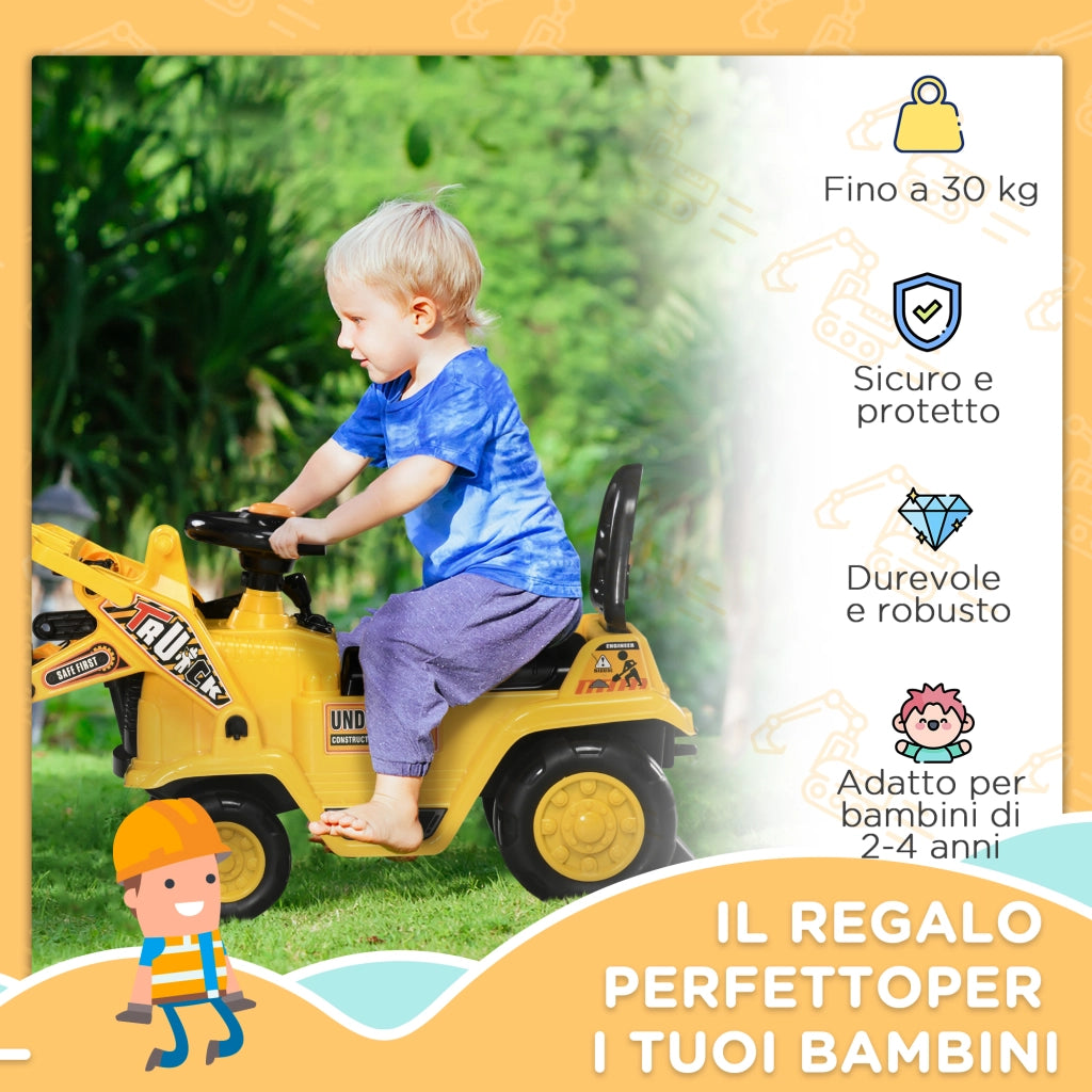 Escavatore per Bambini 2-4 Anni con Pinza, Pulsante per Suoni e Spazio Portaoggetti, 83x27x39 cm, Giallo e Nero