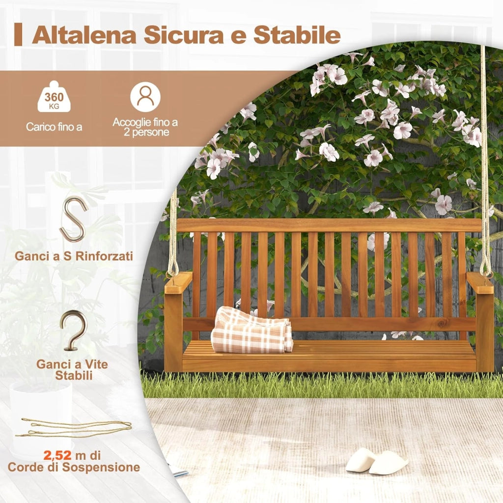 Altalena da Giardino in Legno di Acacia, Panchina Sospesa con 2 Posti, Sedia a Dondolo per Giardino, Sedia Sospesa con Schienale, Portata 360 kg, per Giardino Balcone Cortile