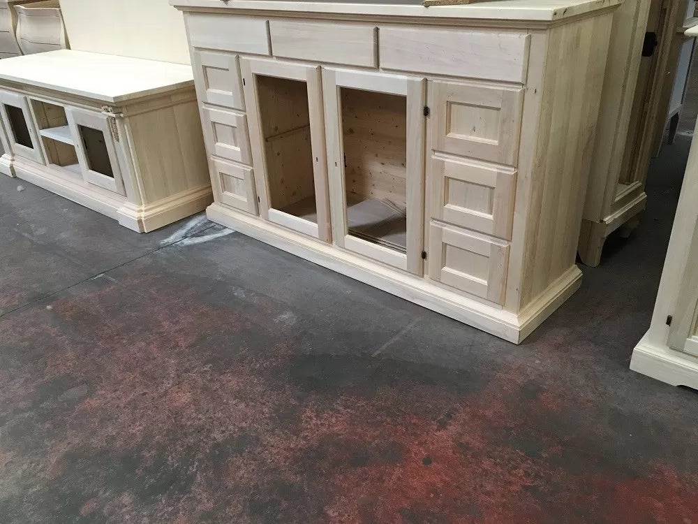 Madia credenza legno 2 ante 9 cassetti shabby avorio patinato filo verde 160x45x95 (984) - Mobili 2G