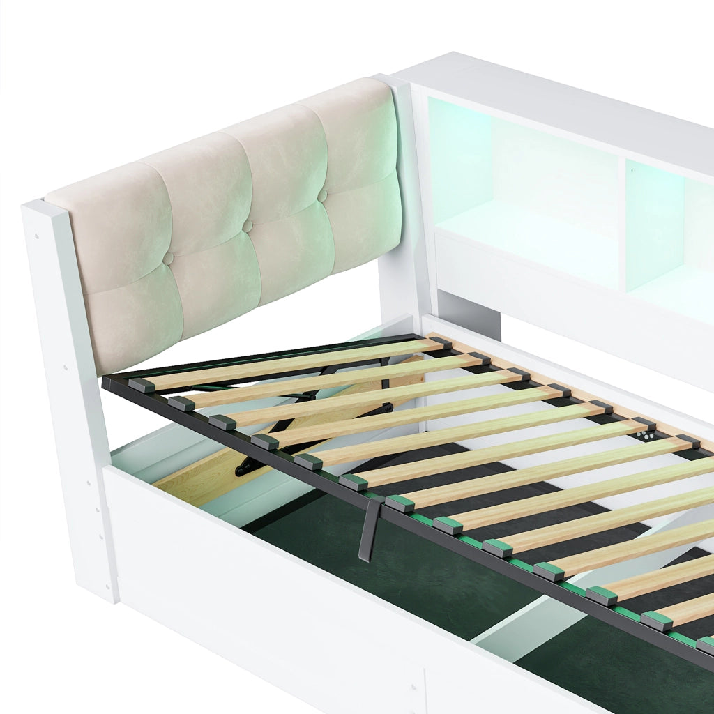 Letto divanetto singolo con contenitore; scaffale; USB e LED regolabile 90 × 200 cm; senza materasso