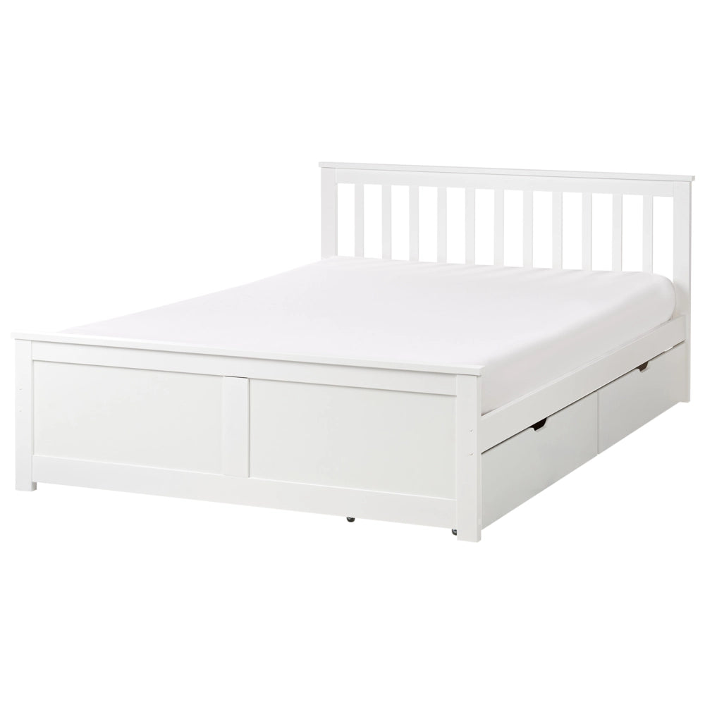 Letto matrimoniale Legno di Pino bianco con Rete a Doghe con 4 cassetti 140 x 200 cm Testiera a doghe minimalista
