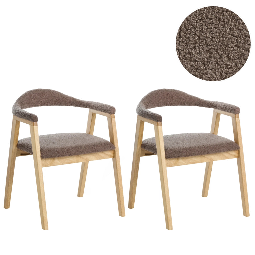 Set di 2 sedie da pranzo marrone chiaro con seduta imbottita schienale in bouclé tortora poliestere struttura in legno di gomma stile retrò per sala da pranzo