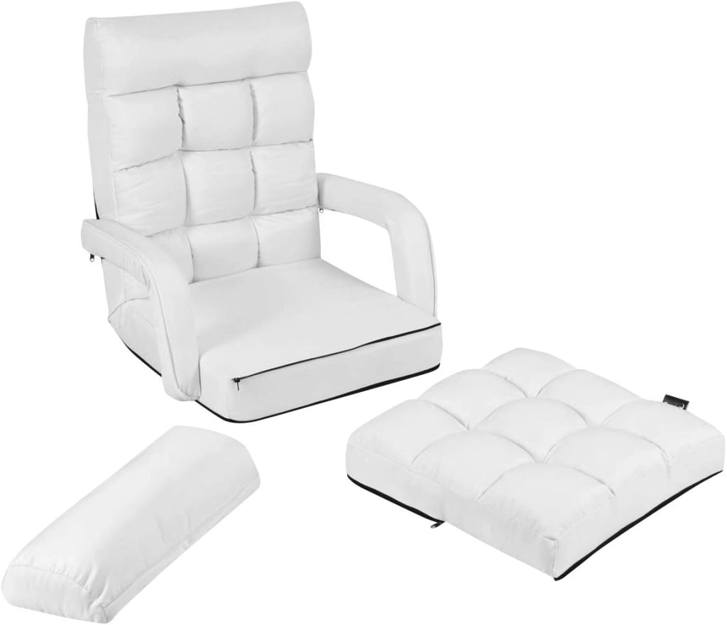 Poltrona Pieghevole da Relax, Schienale Reclinabile a 5 Livelli, Cuscini Imbottiti, Multiuso e Regolabile, Portata di 120 kg, per Ufficio/Soggiorno/Studio, 67x65x72 cm, Bianco