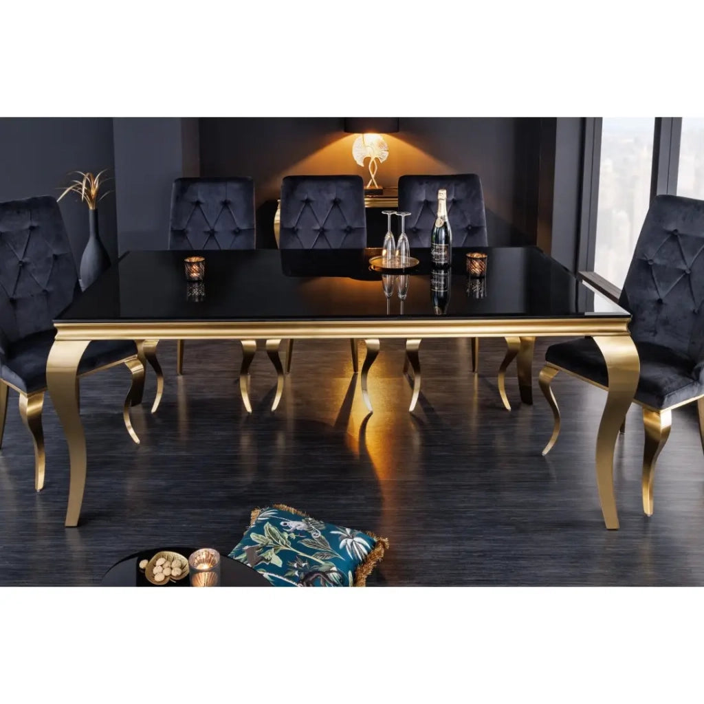 Table VELENA 200 cm – Piano in vetro nero e struttura in acciaio dorato – Eleganza barocca e design raffinato