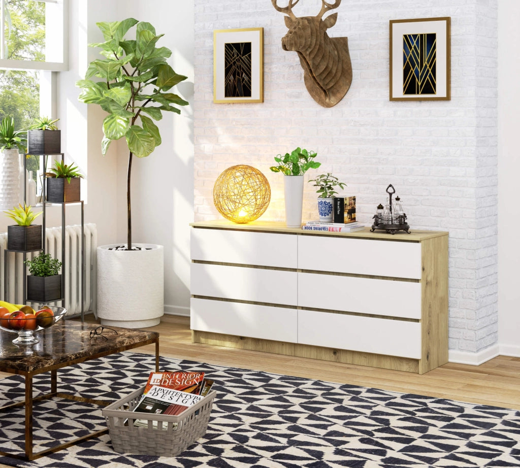 Cassettiera AKORD K160 Quercia Artisan 160 cm 6 cassetti inserto frontale Bianco 160x40x77 cm