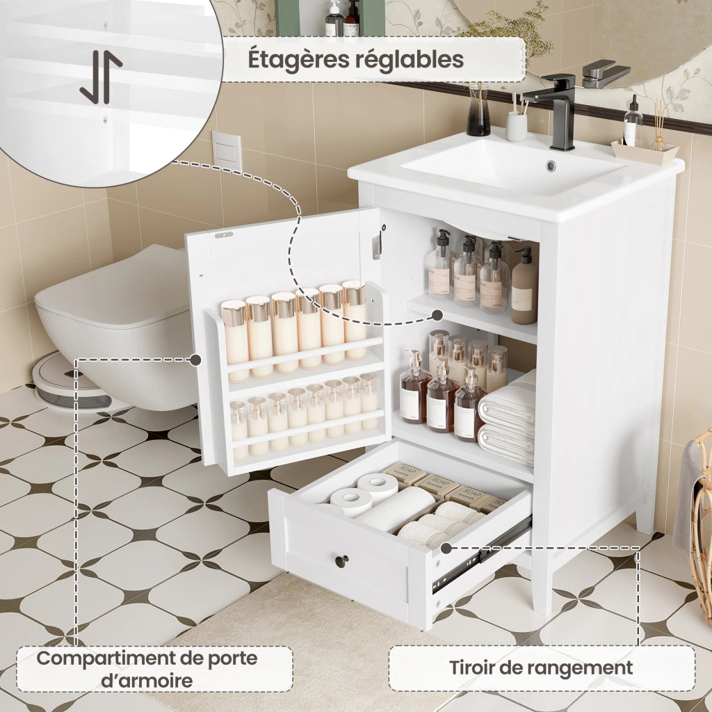 Mobile sottolavabo con lavandino in ceramica, 1 anta, 1 cassetto e ripiano regolabile, per bagno, bianco, 51 × 46 × 85 cm