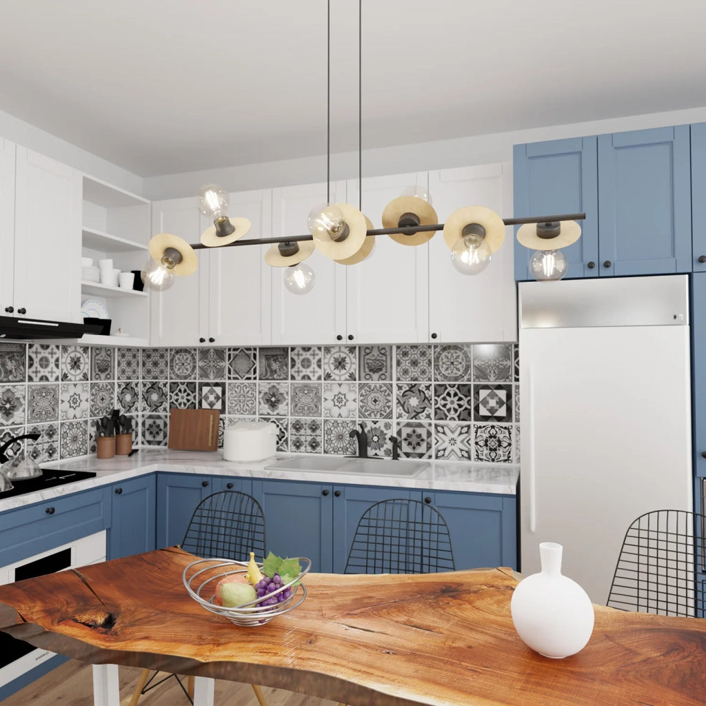 Lampadario 8 Luci Eos In Acciaio Nero E Legno Con Barra E Diffusori A Piatti