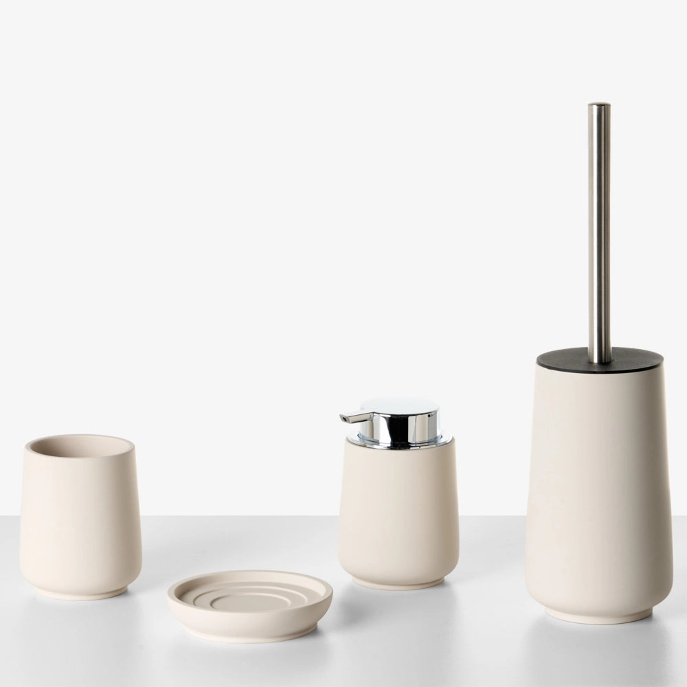 Set di 4 accessori da bagno portasapone dispenser per sapone scopino per WC e bicchiere in poliresina beige