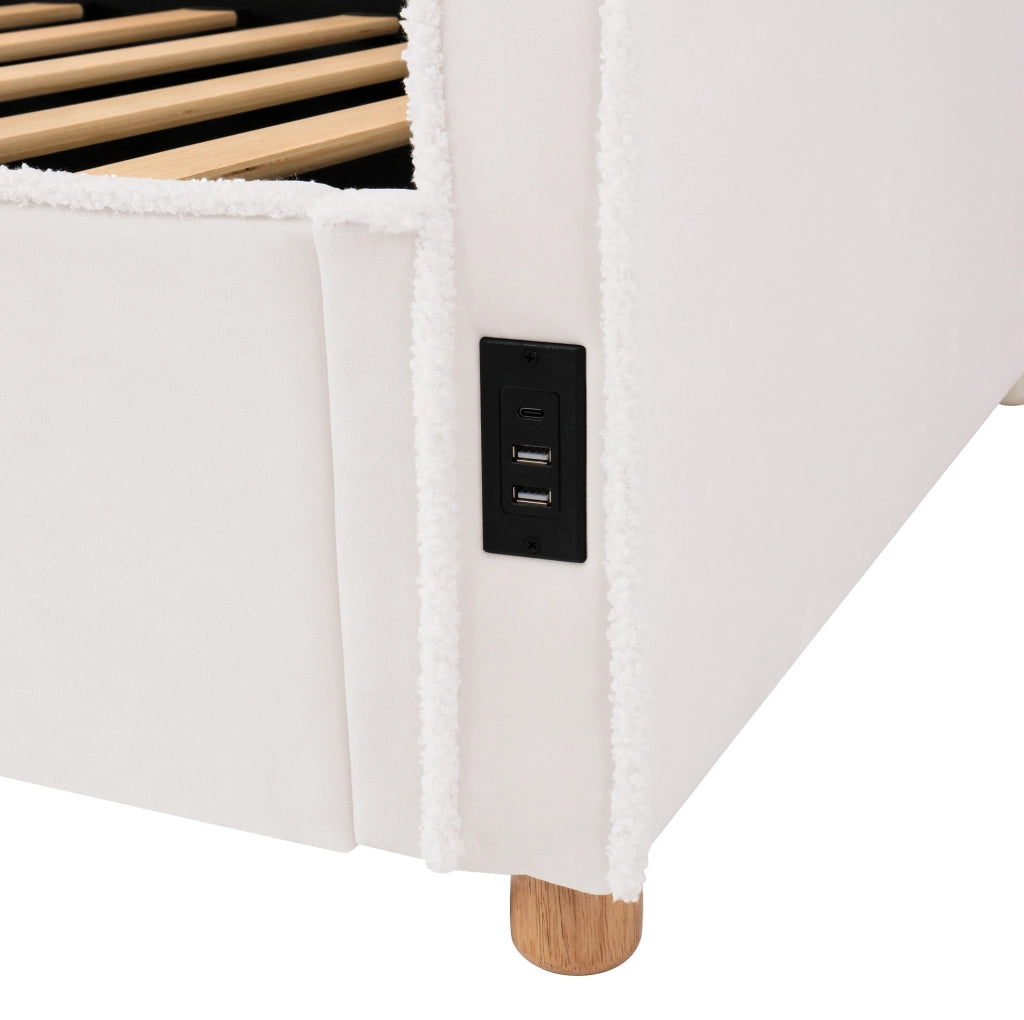Letto daybed 90x200 cm con contenitore idraulico; velluto beige; con presa USB e Type-C