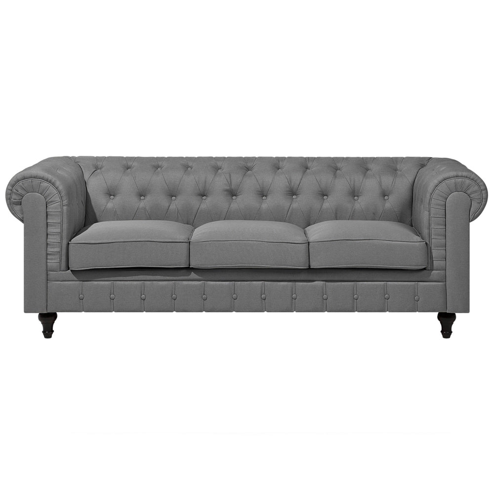 Set soggiorno Chesterfield in tessuto grigio chiaro gambe in legno scuro divano a 3 posti + poltrona contemporanea