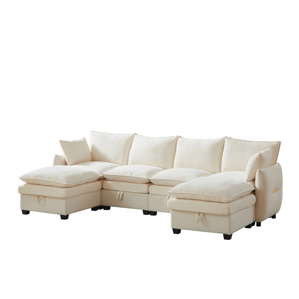 Divano U Modulare con Contenitore ¨C MINIMAL ¨C Velluto Chenille, Cuscini, Braccioli, Legno Massello