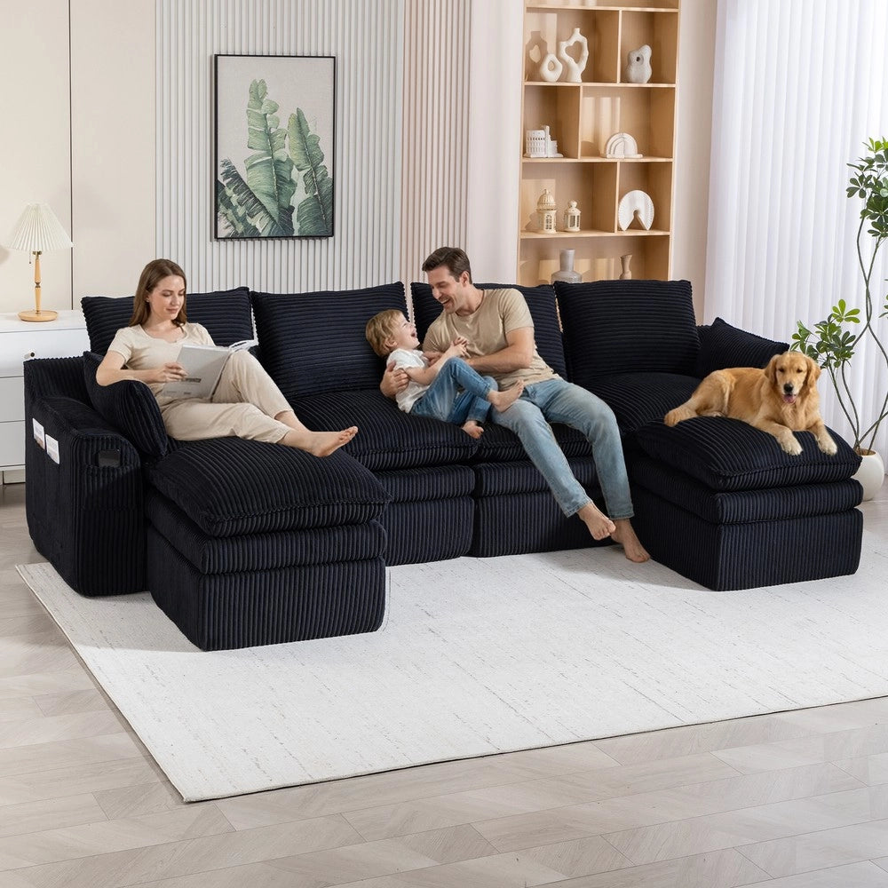 Divano Modulare 4 Posti con 2 Pouf ¨C Xylo ¨C Nero, Tessuto a Coste, Cuscini e Tasche Laterali
