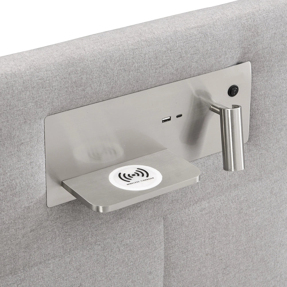 Lit imbottito 180x200 cm - Xylo - Grigio Lino Con USB, ricarica wireless, lampada e spazio di archiviazione