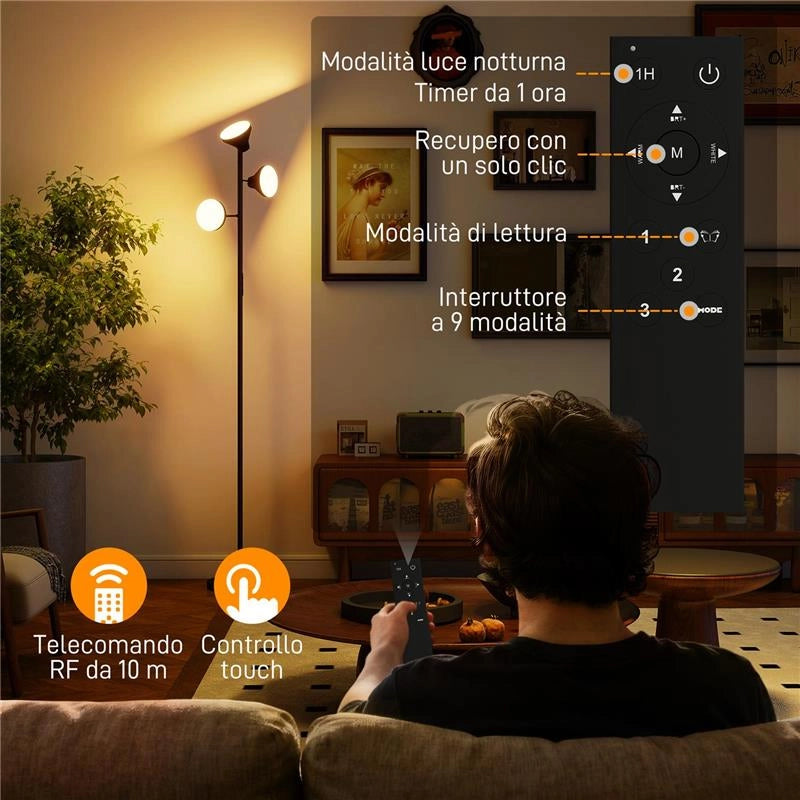 LAMPADA DA TERRA CON 3 TESTE REGOLABILI INDIPENDENTI, TELECOMANDO E TIMER, IN ACCIAIO E PLASTICA, Ï25X170 CM, NERO