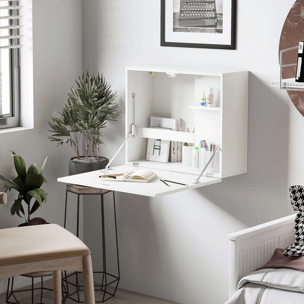 EasyComfort Scrivania a Muro Pieghevole e Salvaspazio con Ripiani, per Casa e Ufficio, in Truciolato e MDF, 60x21.5x50 cm, Bianco