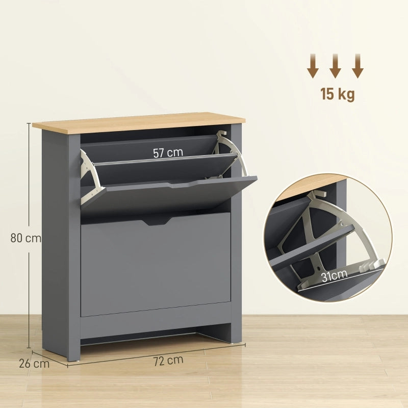 Scarpiera con 2 ante ribaltabili, per ingresso e camera da letto, in legno, grigio scuro, 72 × 26 × 80 cm