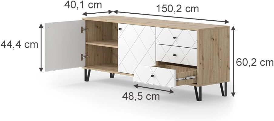 Mobile tv Nizza, Rovere artigianale, 150.2 x 60.2 cm con 3 cassetti e 2 ante, da utilizzare come superficie d'appoggio accanto al letto