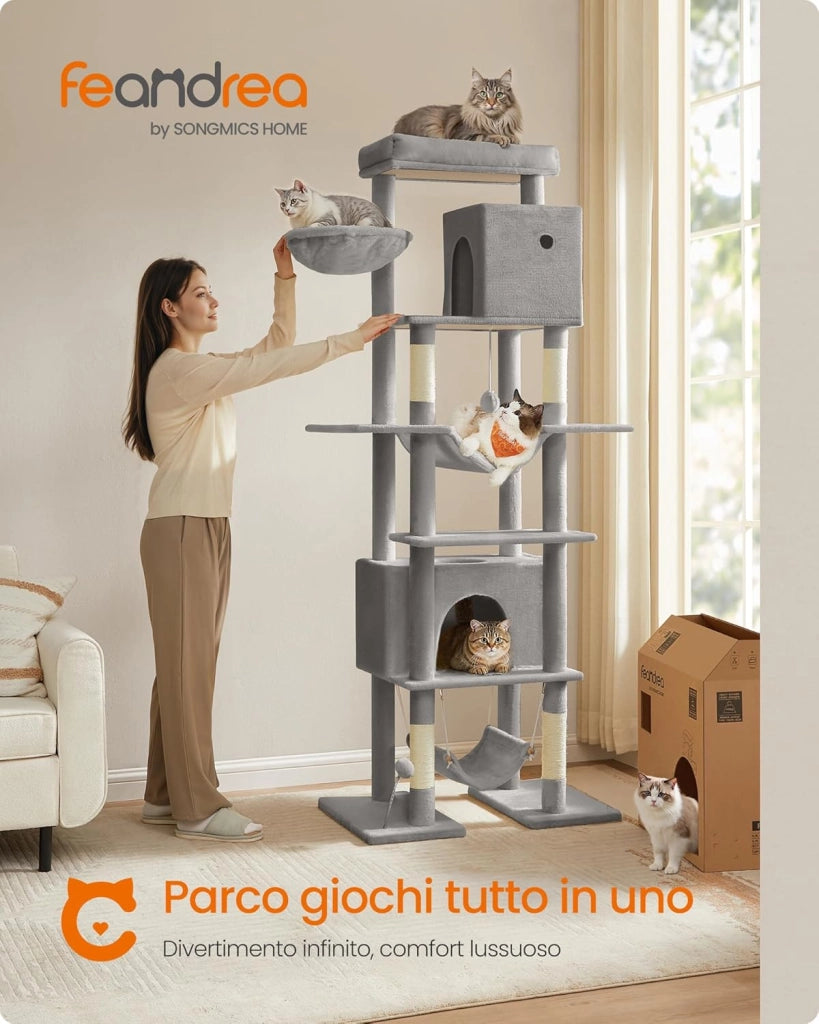 Feandrea Albero per Gatti Grande, Tiragraffi Multilivello XXL, Alto 201 cm, con una Piattaforma, un'Amaca, 2 Casette per Gatti, 2 Amache, Kit Antiribaltamento, Grigio Chiaro PCT195G01V1