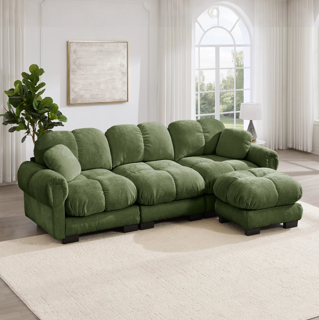 Divano modulare in ciniglia con pouf mobile; 260 x 149 x 90 cm; verde