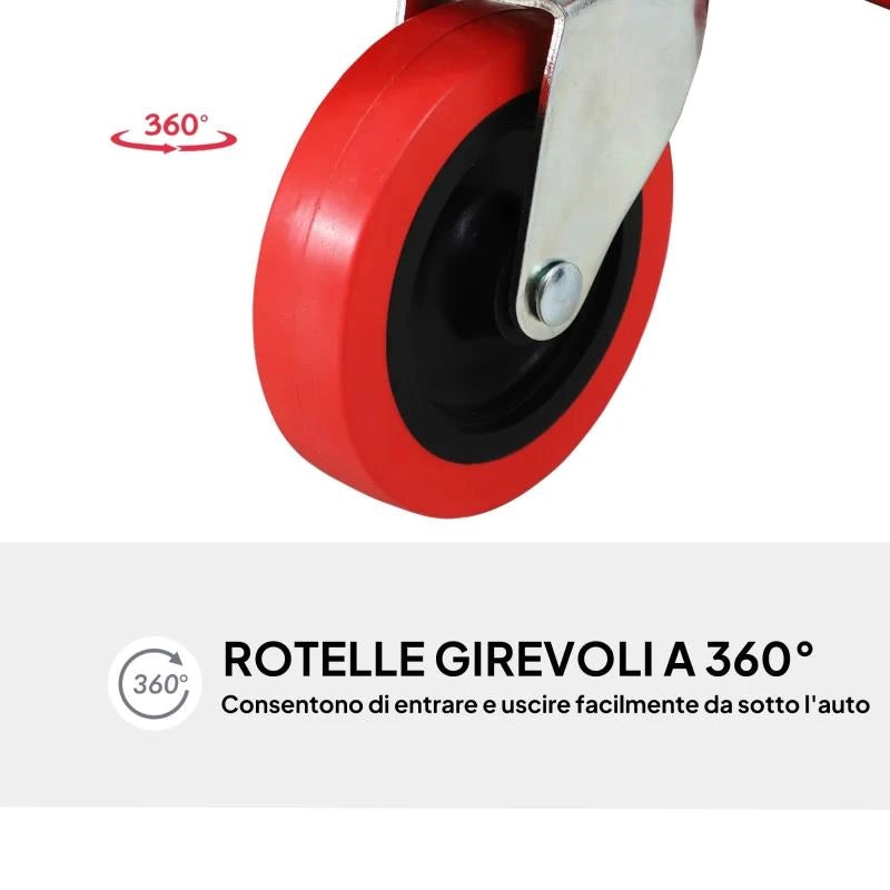 CARRELLO DA MECCANICO CON POGGIATESTA IMBOTTITO E 2 VASSOI LATERALI IN PLASTICA ROSSA, 100X48X12 CM