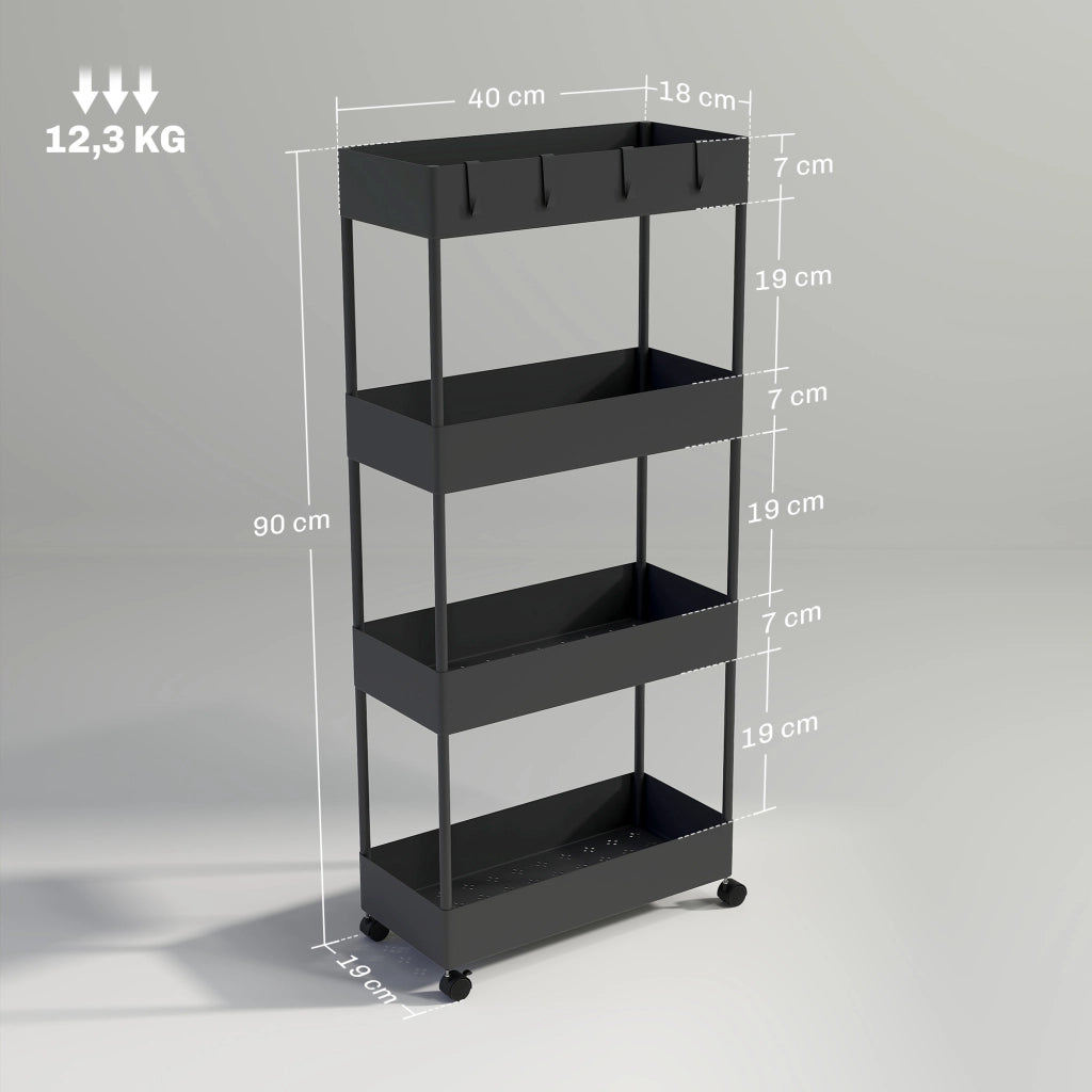 Carrello da cucina 4 livelli ¨C zephmum ¨C 40x19x90 cm nero
