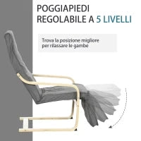 Poltrona Relax con Poggiapiedi a 5 Livelli e Poggiatesta in Legno di Betulla e Tessuto, Grigio