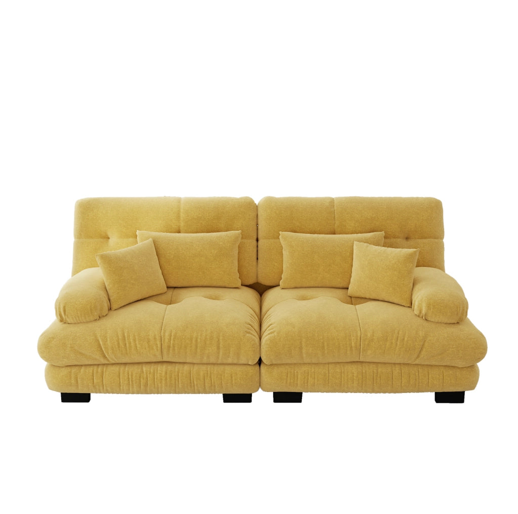 Divano modulare giallo in chenille con cuscini lombari e decorativi