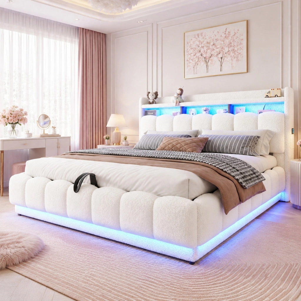 Letto Contenitore Matrimoniale 180x200 cm; Letto con USB; LED e Presa; in Tessuto e Metallo; Bianco