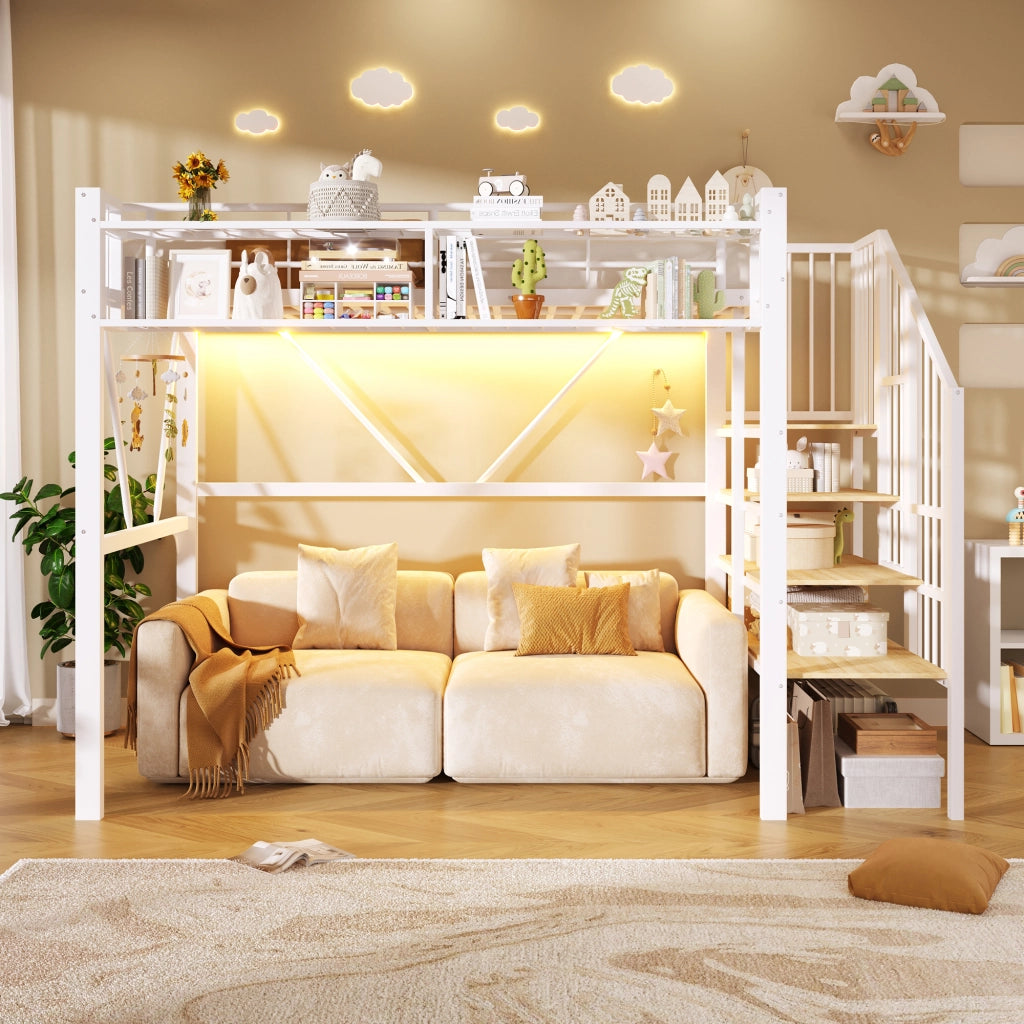Letto a soppalco 90 x 200 cm, struttura in metallo, ripiano, luce a LED, bianco