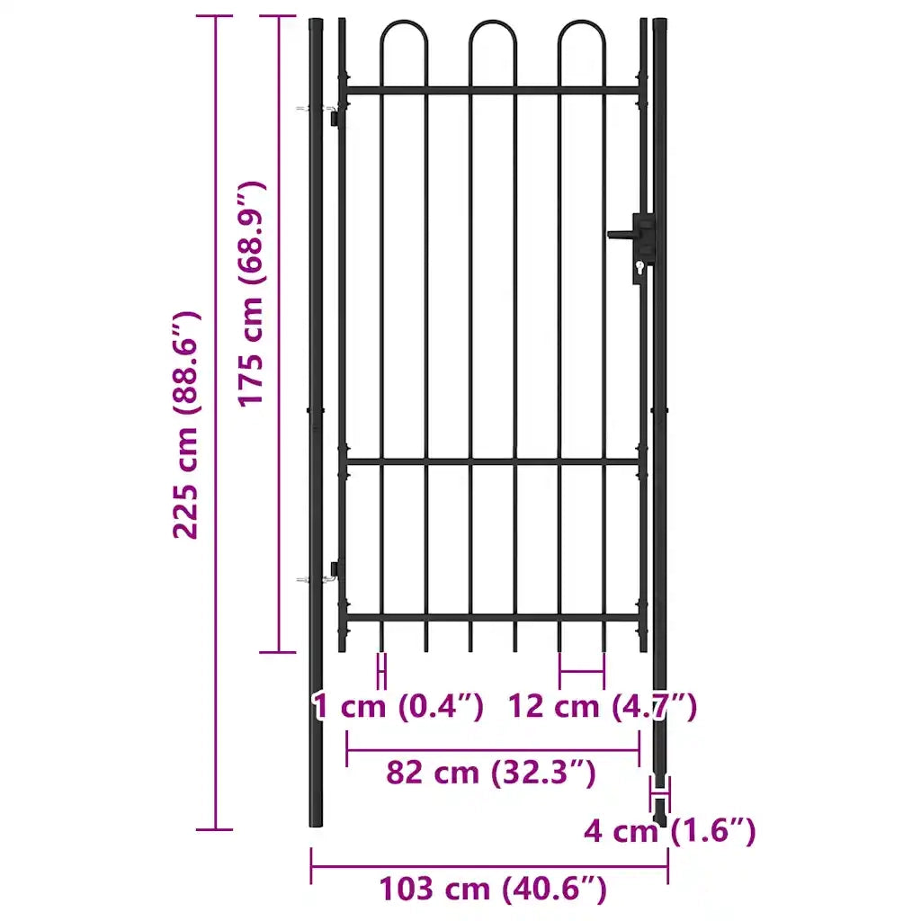 Cancello per recinzione Boxtel porta singola con parte superiore ad arco in acciaio 1x1,75 m Nero 145743