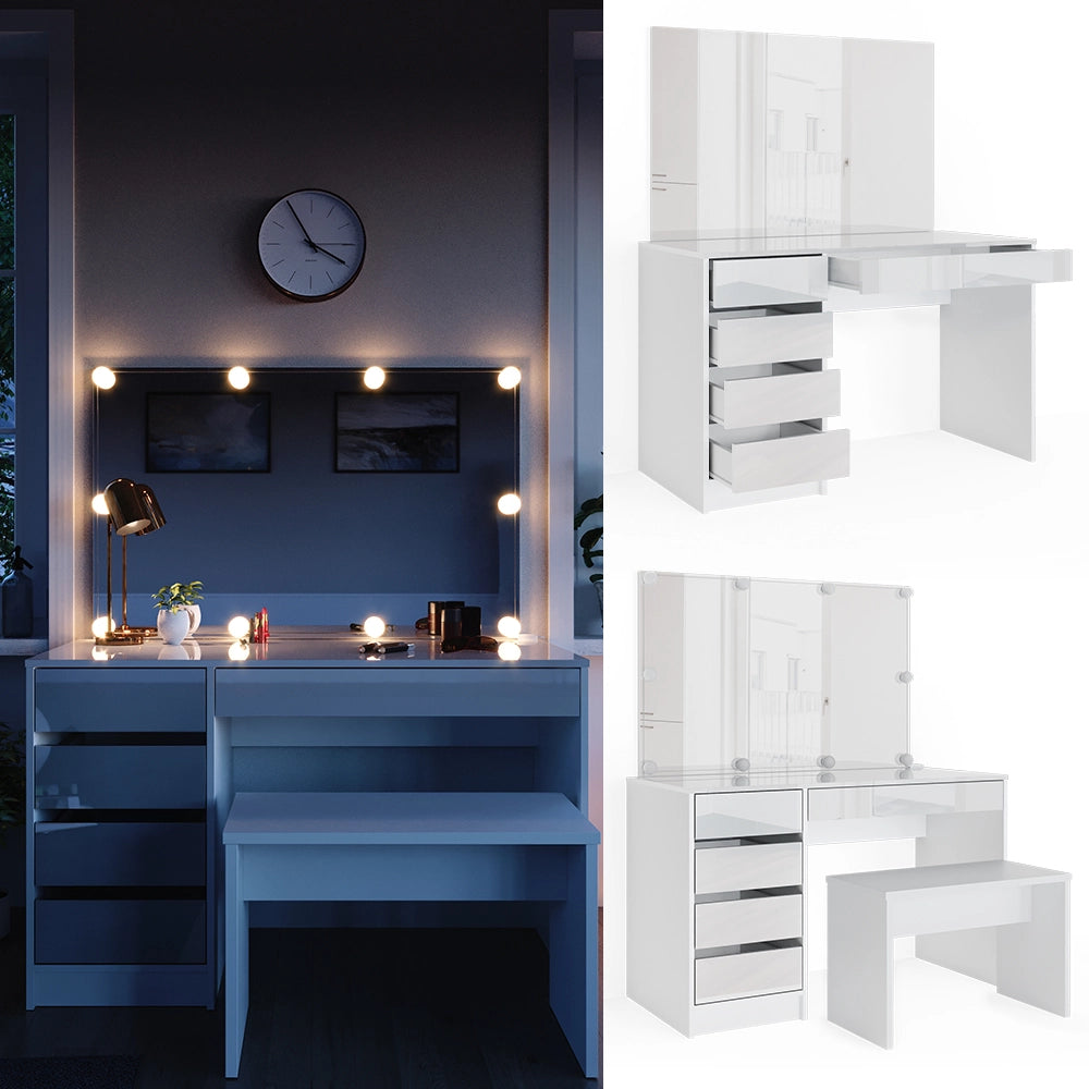 Vicco Tavolo da toeletta Bianco 120 cm con illuminazione a LED e panca