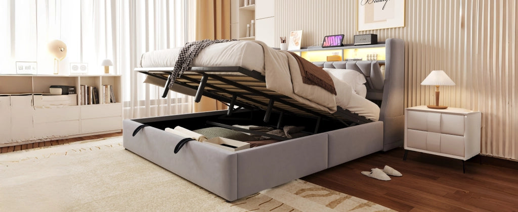 DESMIU Letto Matrimoniale 180 × 200 cm con contenitore idraulico, USB e Type-C, LED, senza materasso, in velluto, grigio