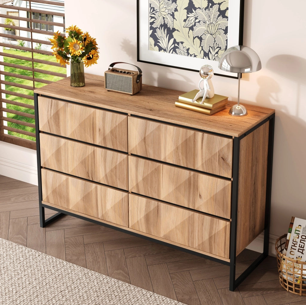 Credenza con 6 cassetti 120x40x80 cm in truciolare e MDF; nero e naturale