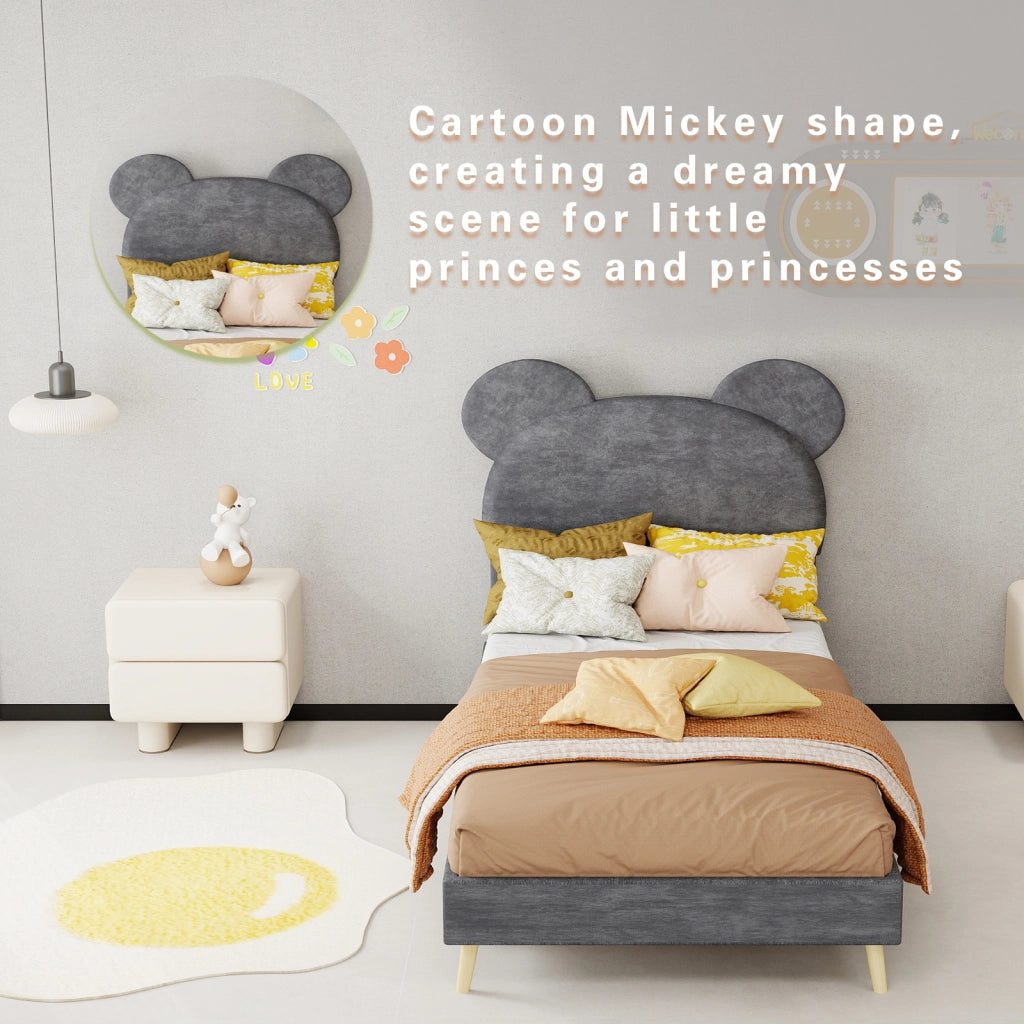 DESMIU Letto per bambini 90 × 200 cm con testiera cartoon, vano pneumatico, senza materasso, grigio
