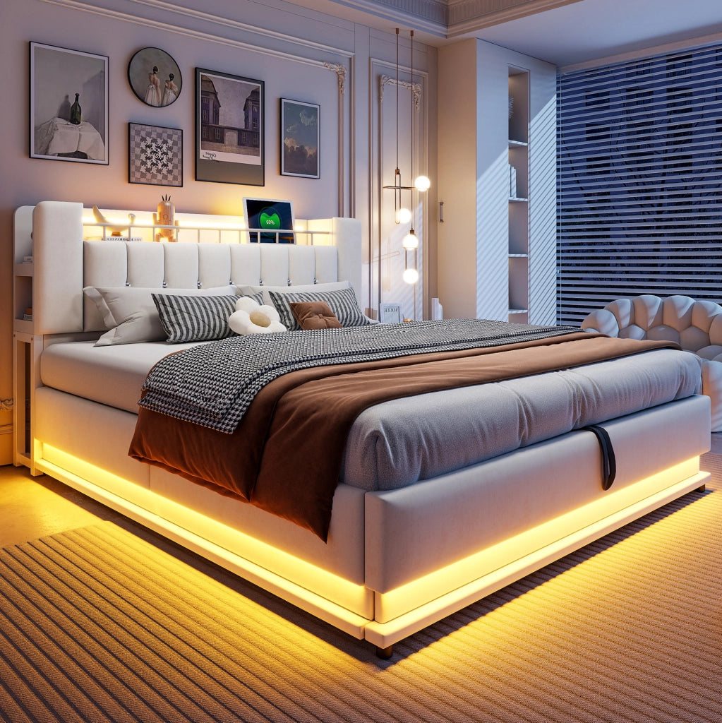 Letto imbottito 180x200 cm beige con LED, USB e contenitore