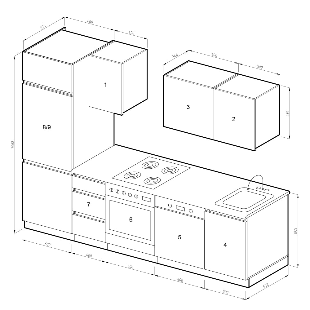 Vicco Cucina componibile Antracite lucido 270 cm senza piano di lavoro, senza maniglie con striscia LED