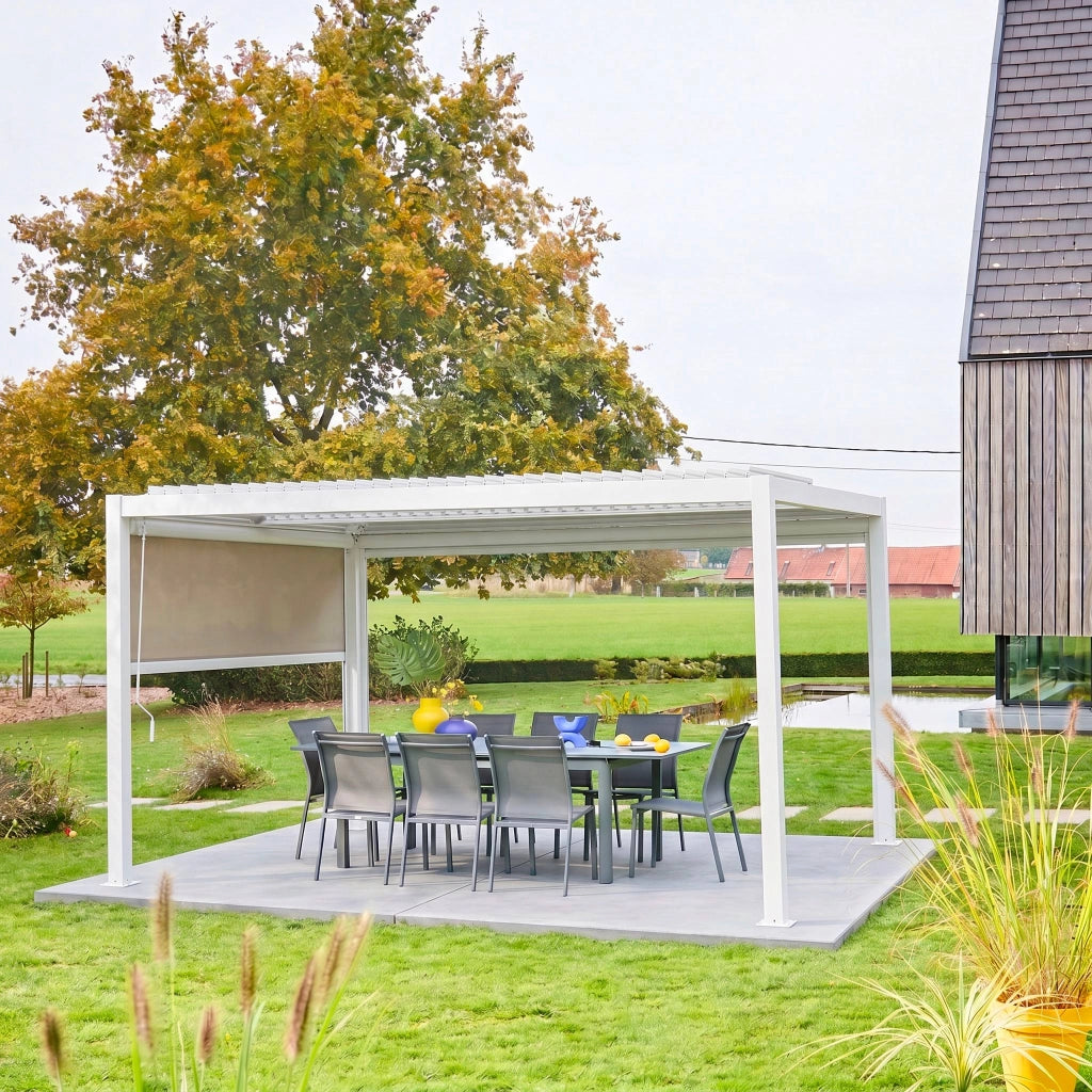 Pergola bioclimatica 3x4m in alluminio e acciaio  + tenda 3m, bianco