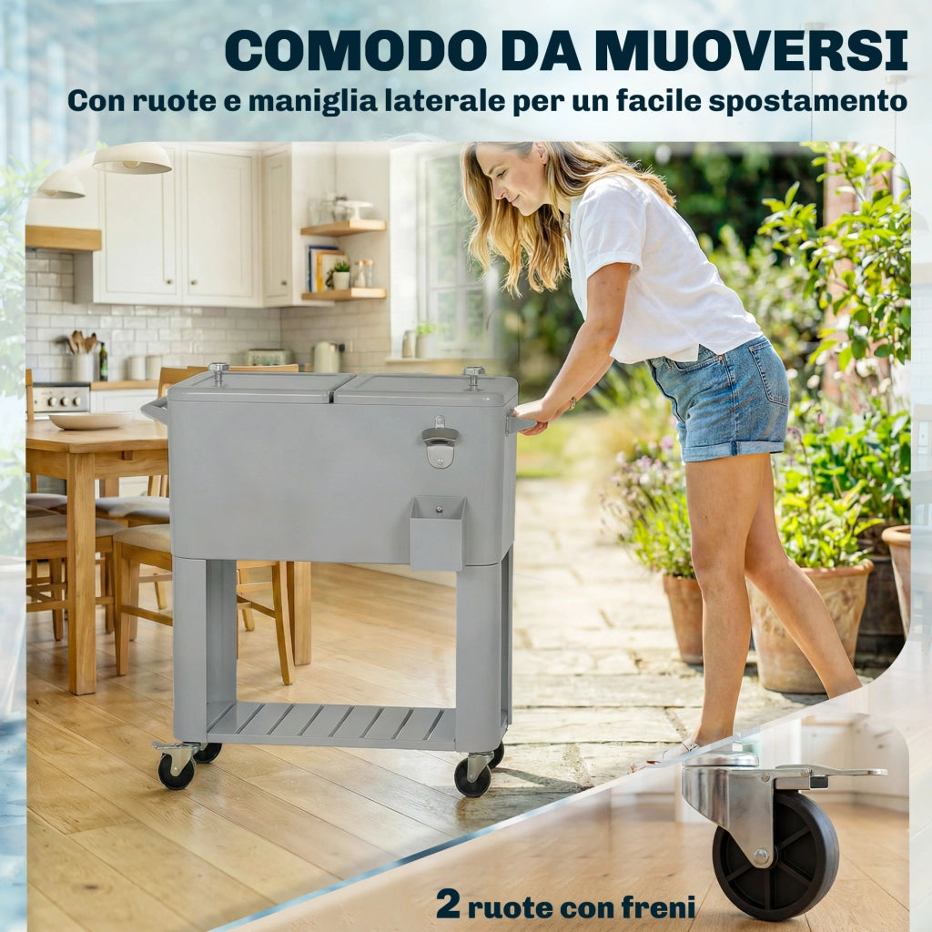 Frigo Portatile 92x39x81 cm Capacità 76 L con Ruote e Apribottiglie in Plastica e Metallo Argento