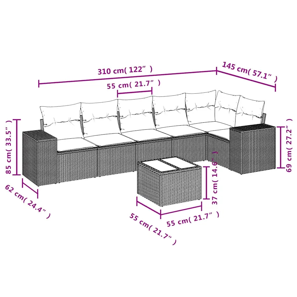Set Divani da Giardino 7 pz con Cuscini Marrone in Polyrattan 3254940