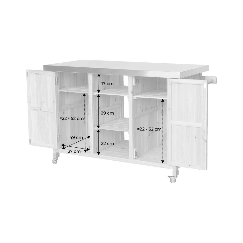 Carrello da cucina da esterno in legno con maniglie e 7 vani