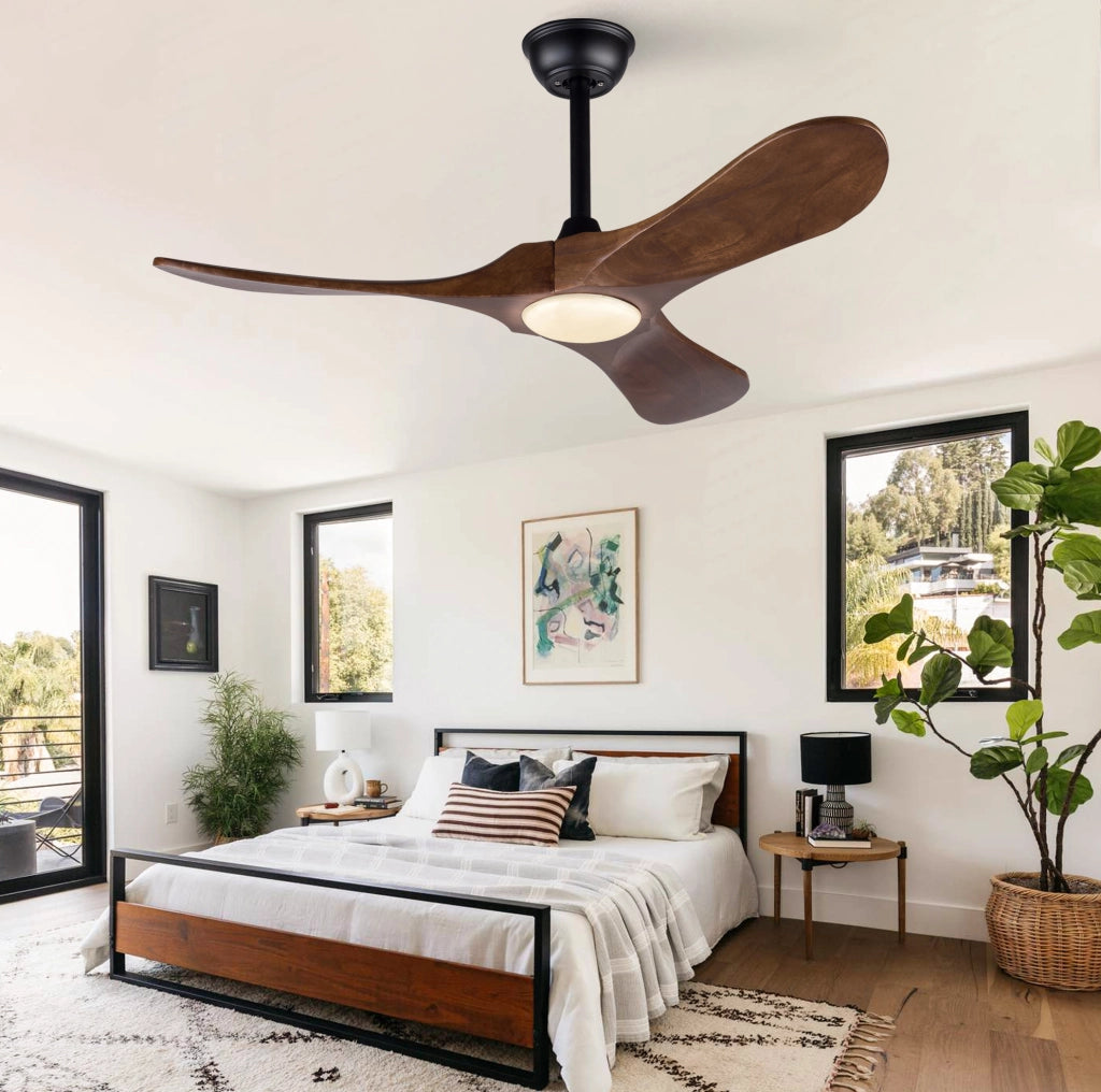 Ventilatore da soffitto 42 pollici con luce LED dimmerabile; motore DC silenzioso; nero e noce scuro