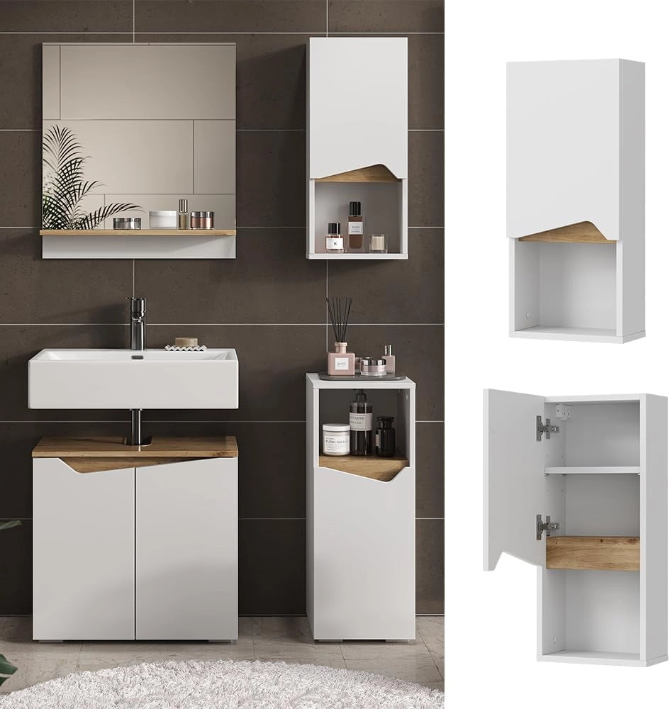 Mobile bagno Marelle, Bianco/Artisan, 30 x 67 cm con porta e scomparto aperto, per montaggio a parete per una conservazione salvaspazio
