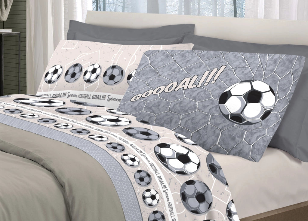 Completo Lenzuola Linea Pensieri Delicati 100% Cotone Disegno Calcio - Piazza E Mezza - Grigio