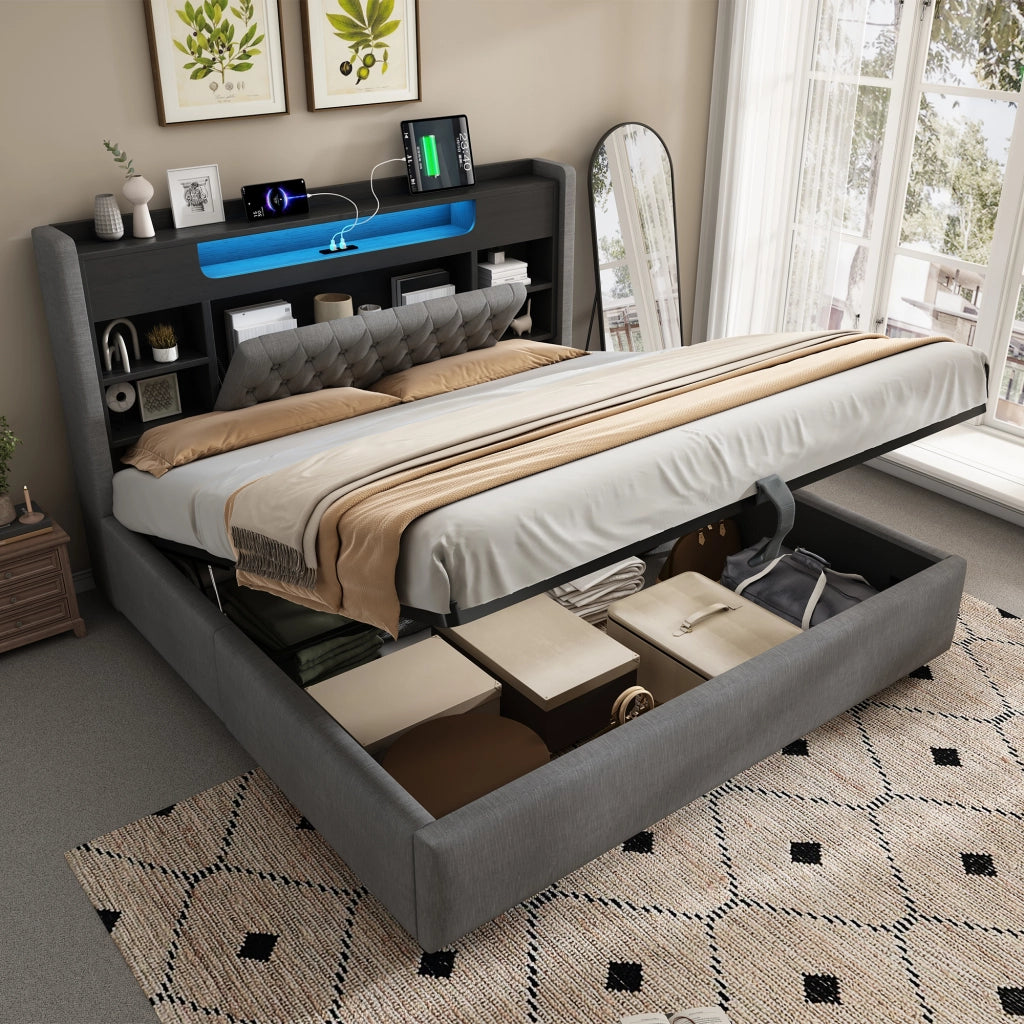 Letto contenitore 160 × 200 cm con illuminazione LED, USB e Type-C, testiera con ripiani, senza materasso, grigio